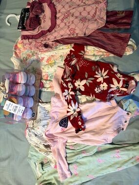 Laura Ashley Pink and Coral Floral Baby Bodysuit Set